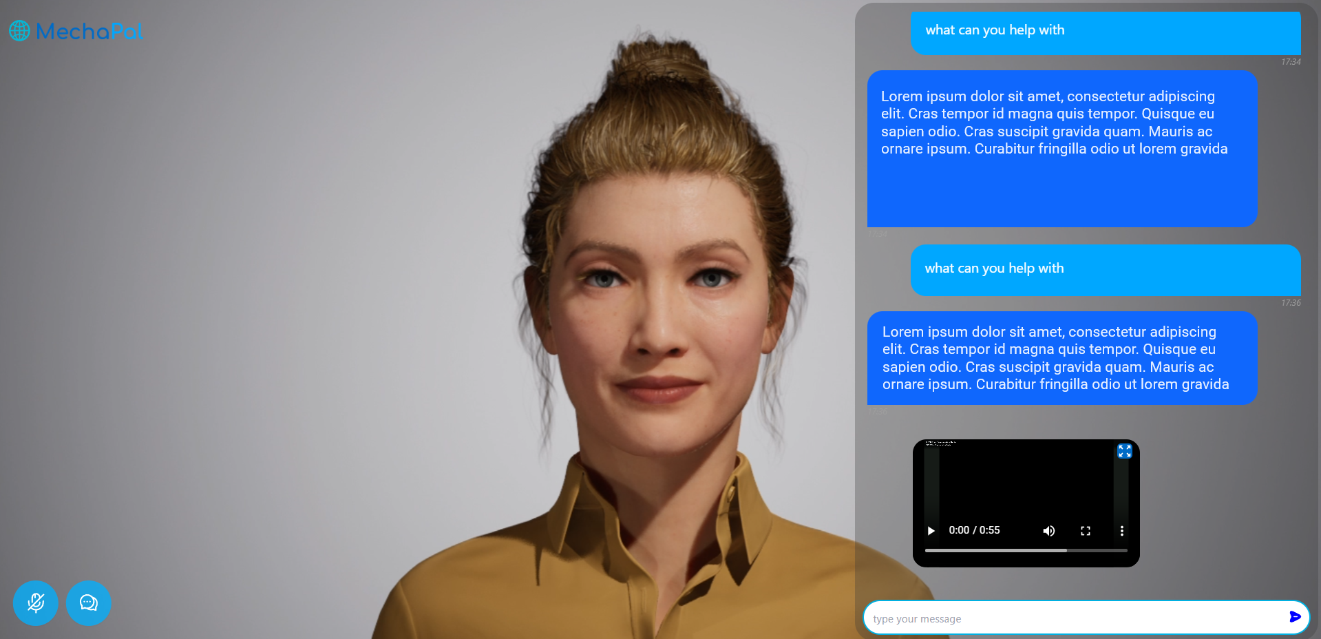 MechaPal avatar chat interface on desktop
