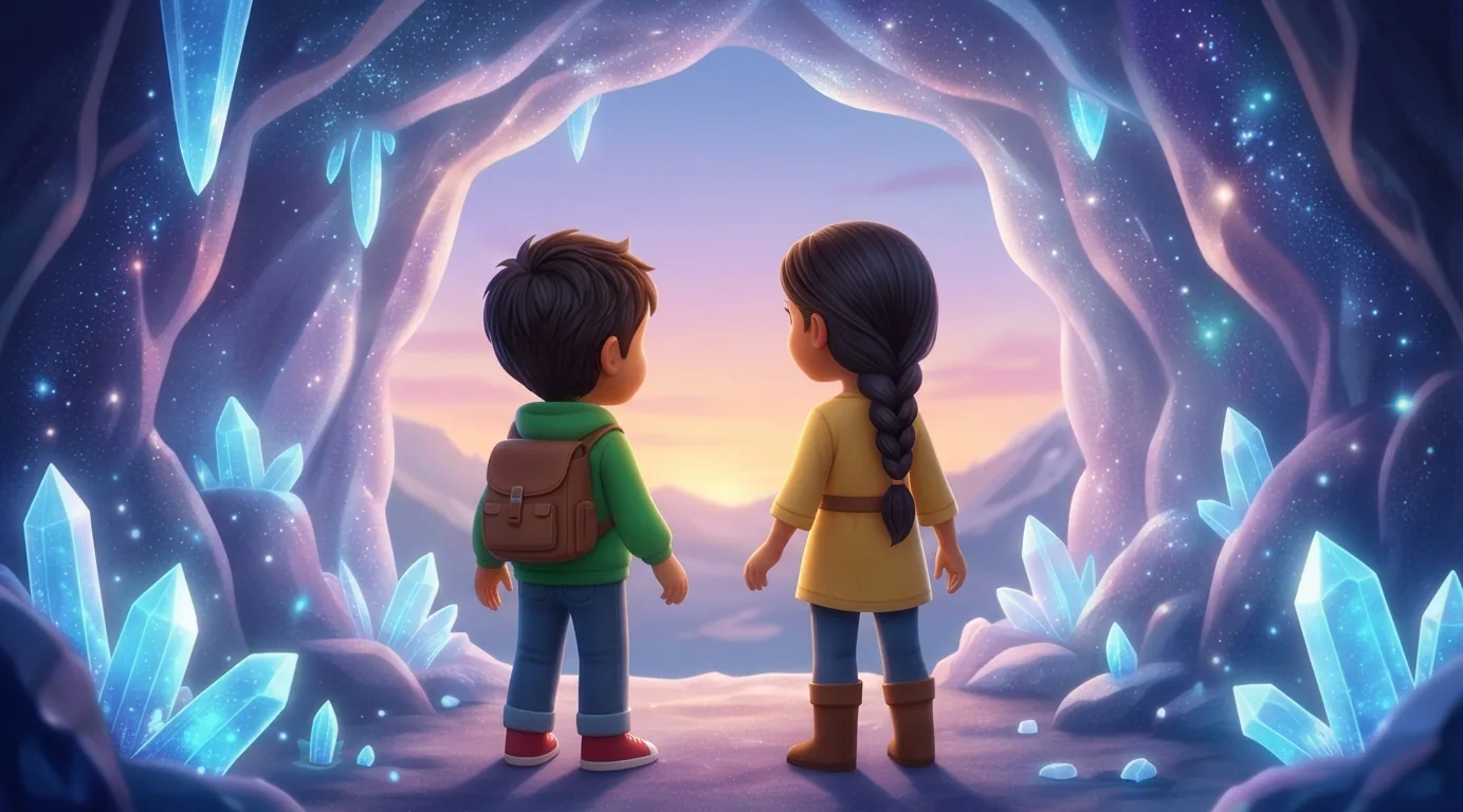 Two illustrated children exploring a glowing crystal cave in NougaCraft